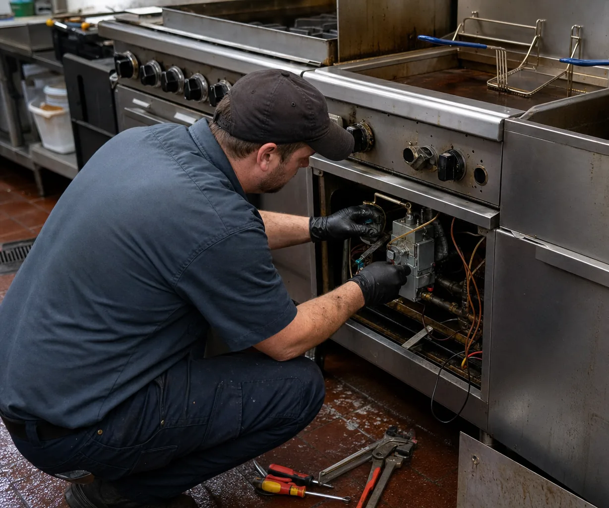 Technician servicing a commercial fryer and range line up close