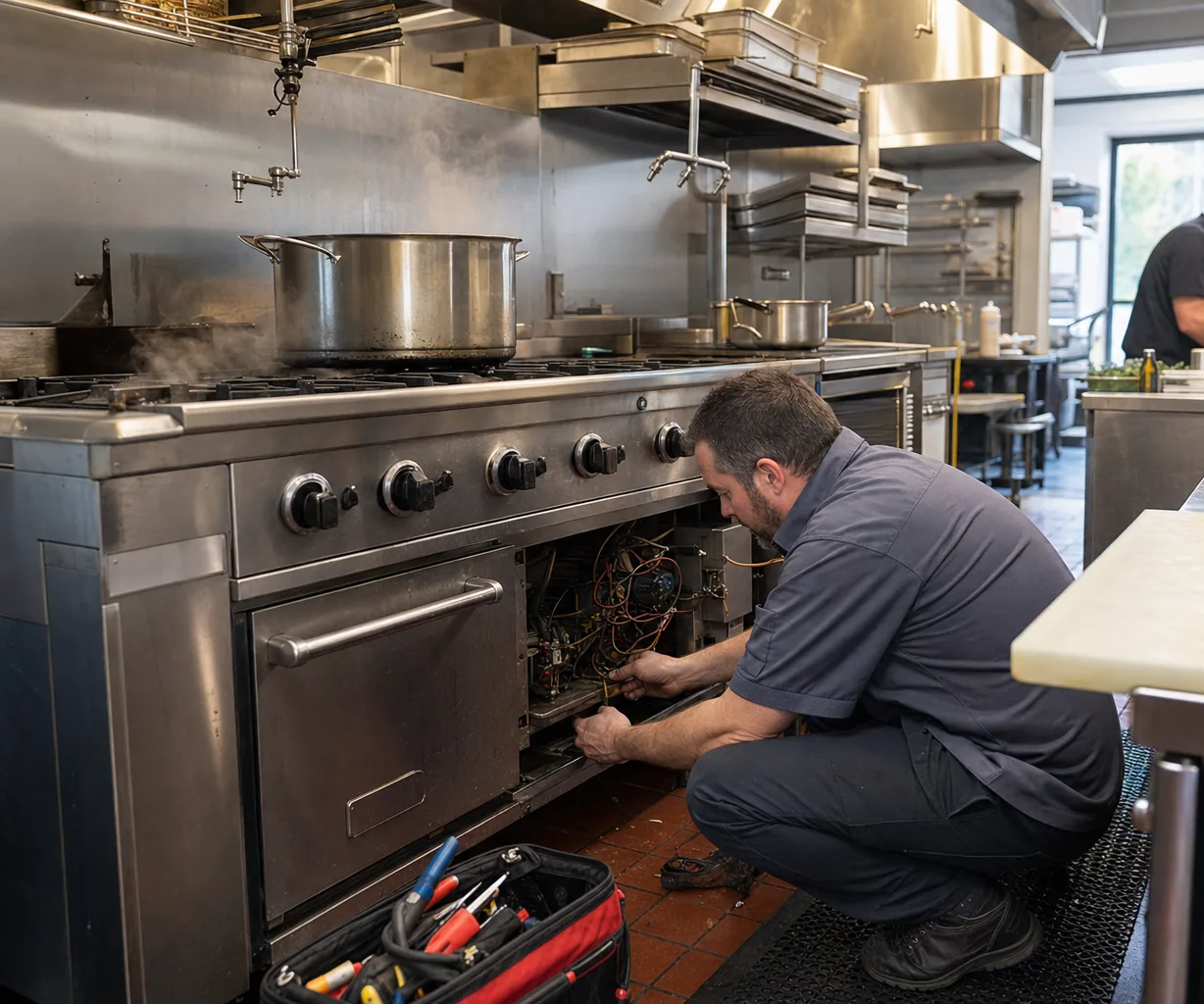 A stainless commercial kitchen line up close