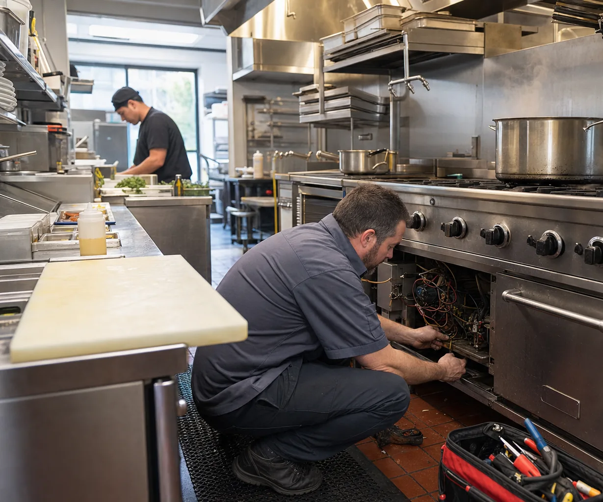 A stainless commercial kitchen line on an emergency call