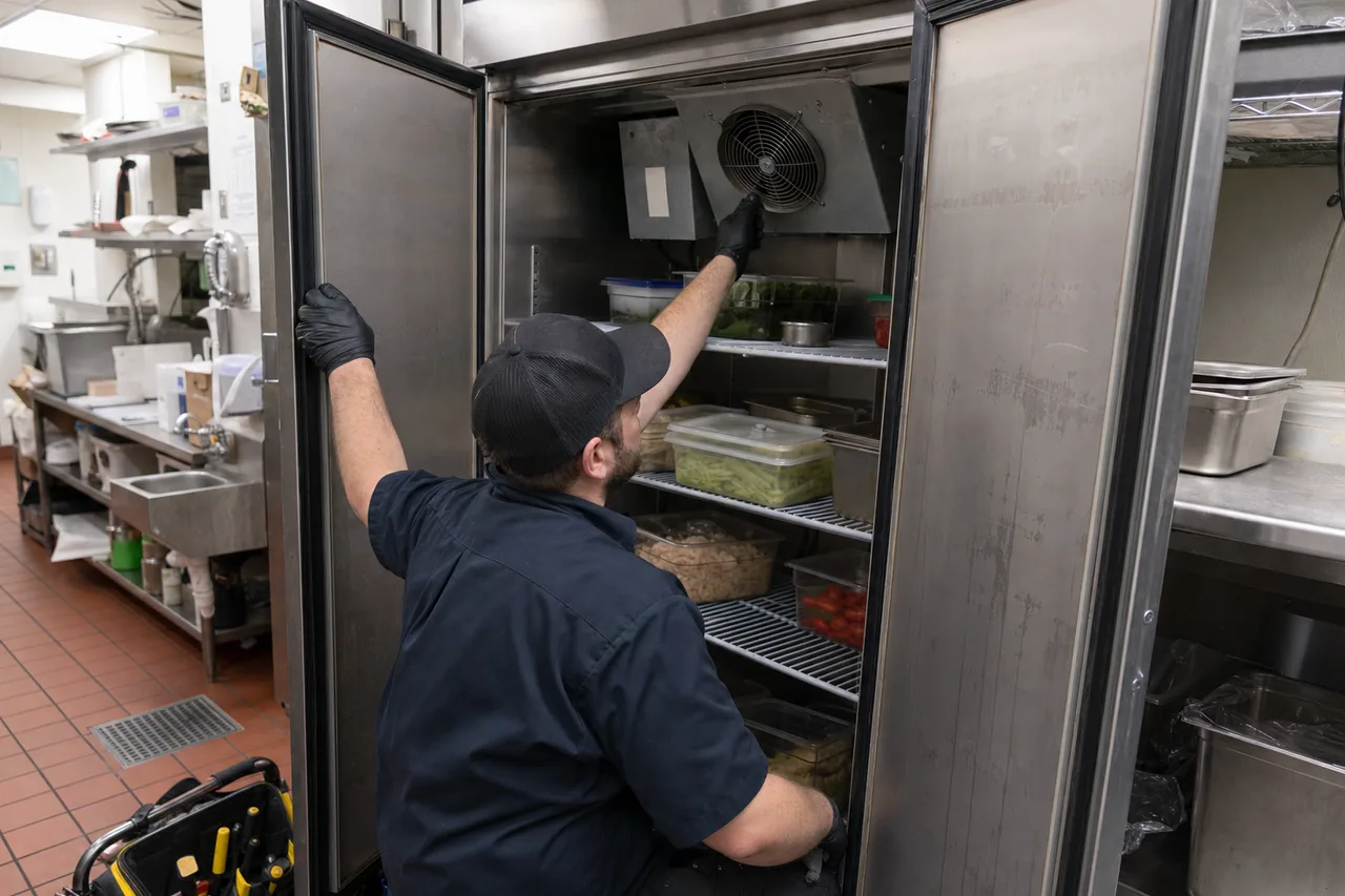 Technician servicing a commercial reach-in refrigerator in a Bergen County kitchen