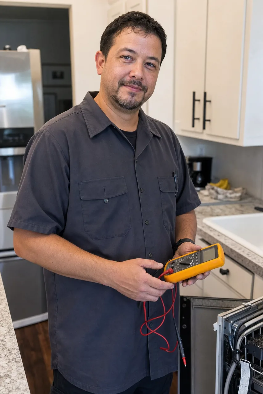 A commercial appliance repair technician holding a multimeter
