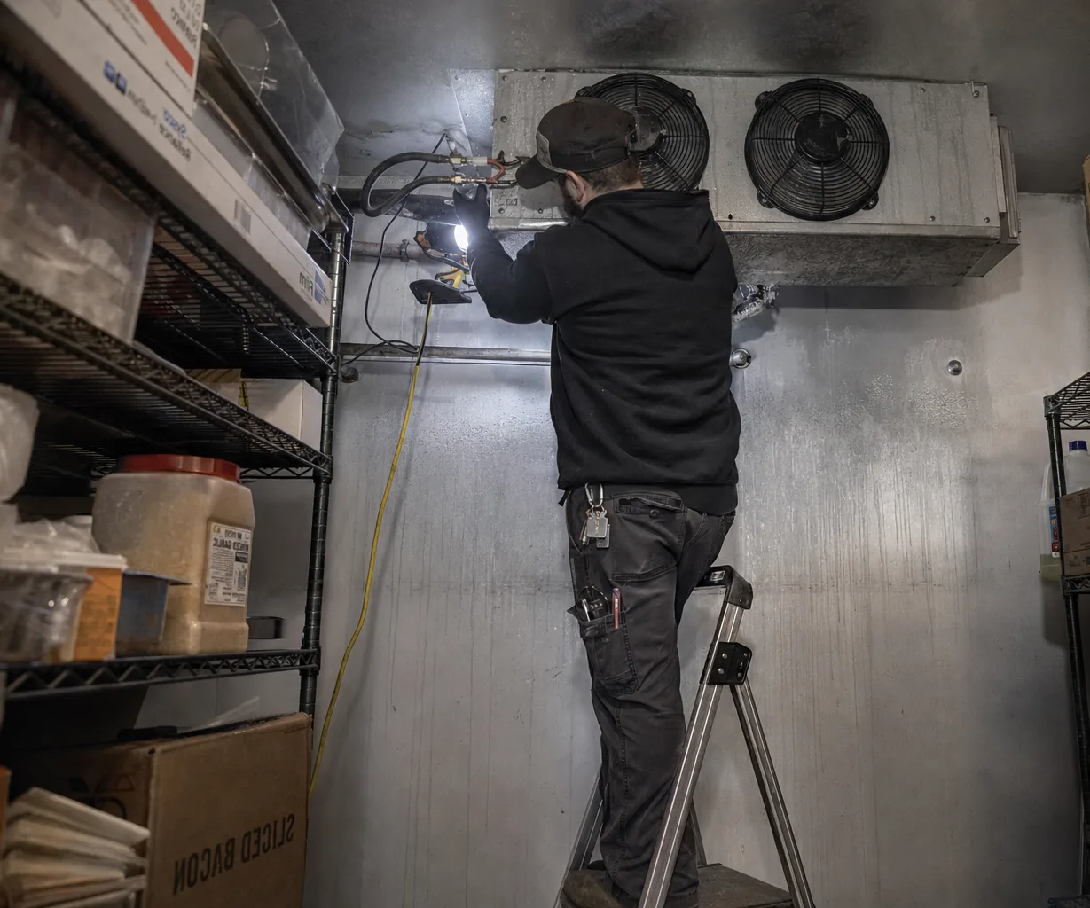 Technician servicing a walk-in cooler up close